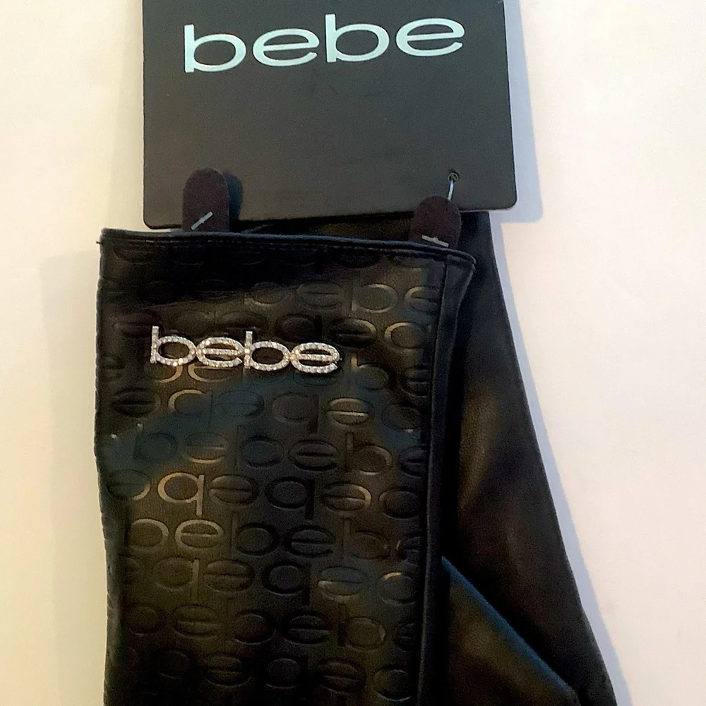 BEBE Black Crystal Logo Ladies Gloves S/M New